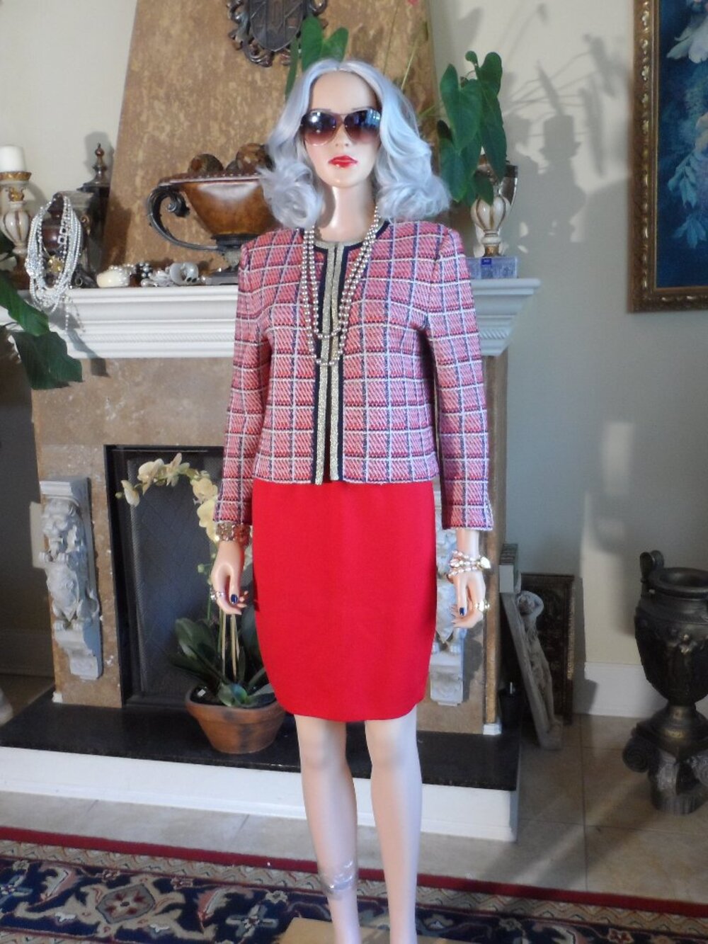 St. John Collection Red Gold Navy Plaid Knit Jacket & Skirt Suit Set Size S-4